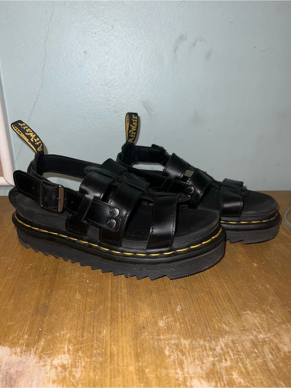 Dr. Martens Black Leather Platform Fisherman Sandals with Yellow Stitching